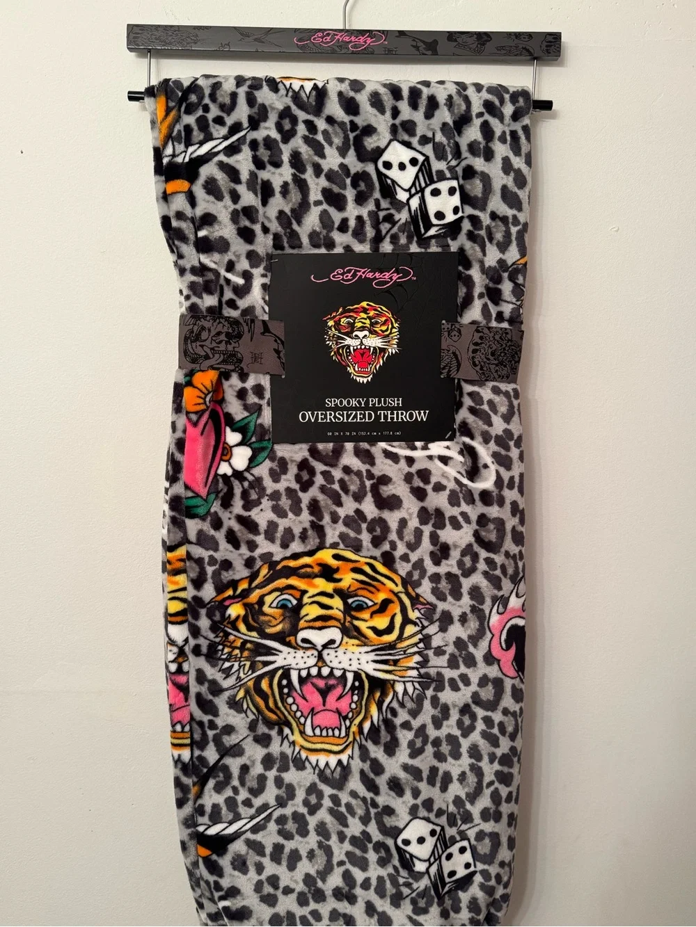 Ed Hardy Tiger Leopard Print Gray Plush Oversized Throw Blanket